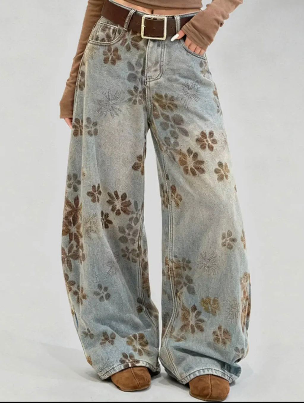 Ladies Velvet Floral Wide Barrel Leg Denim Pants.