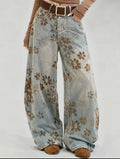 Ladies Velvet Floral Wide Barrel Leg Denim Pants.