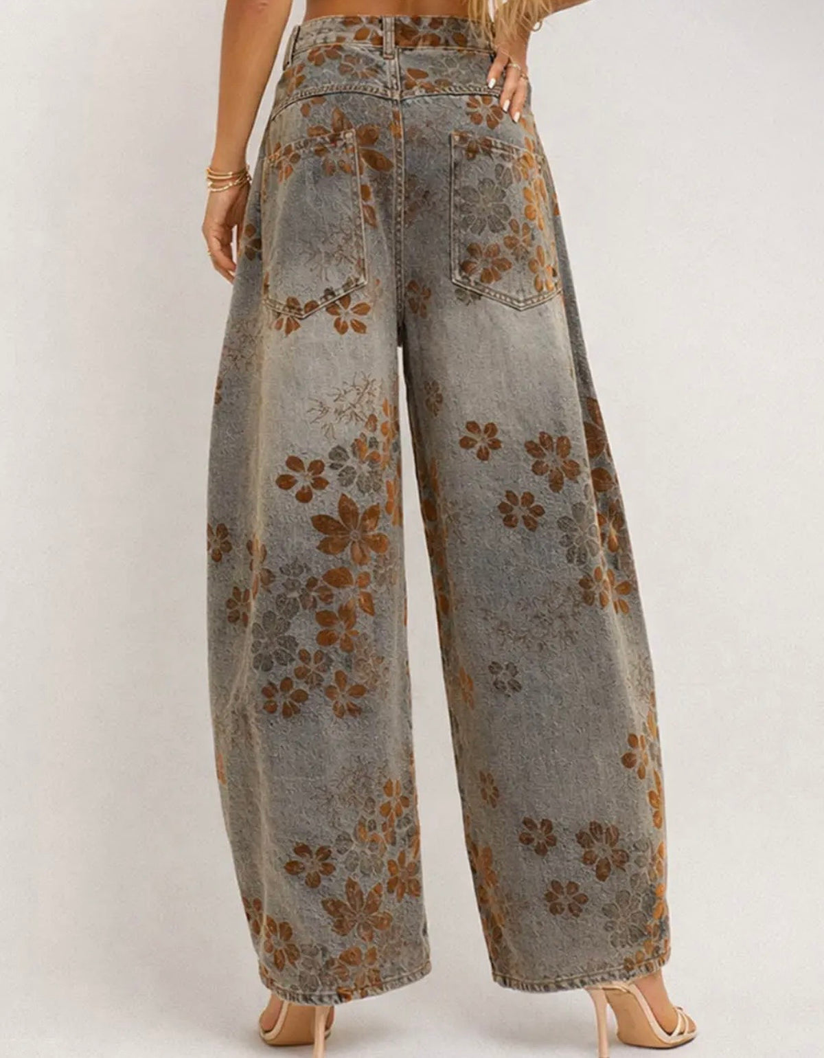 Ladies Velvet Floral Wide Barrel Leg Denim Pants.