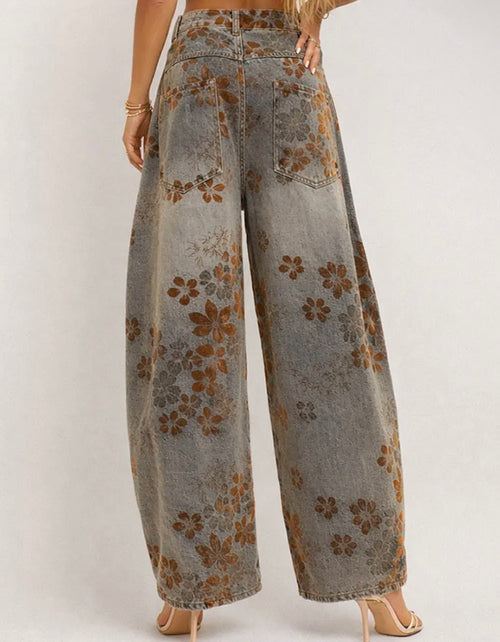 Ladies Velvet Floral Wide Barrel Leg Denim Pants.