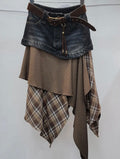 Plaid Asymmetrical Denim Waist Midi Skirt