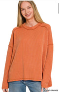 Raised Rib Raw Edge Boat Neck Long Sleeve Top