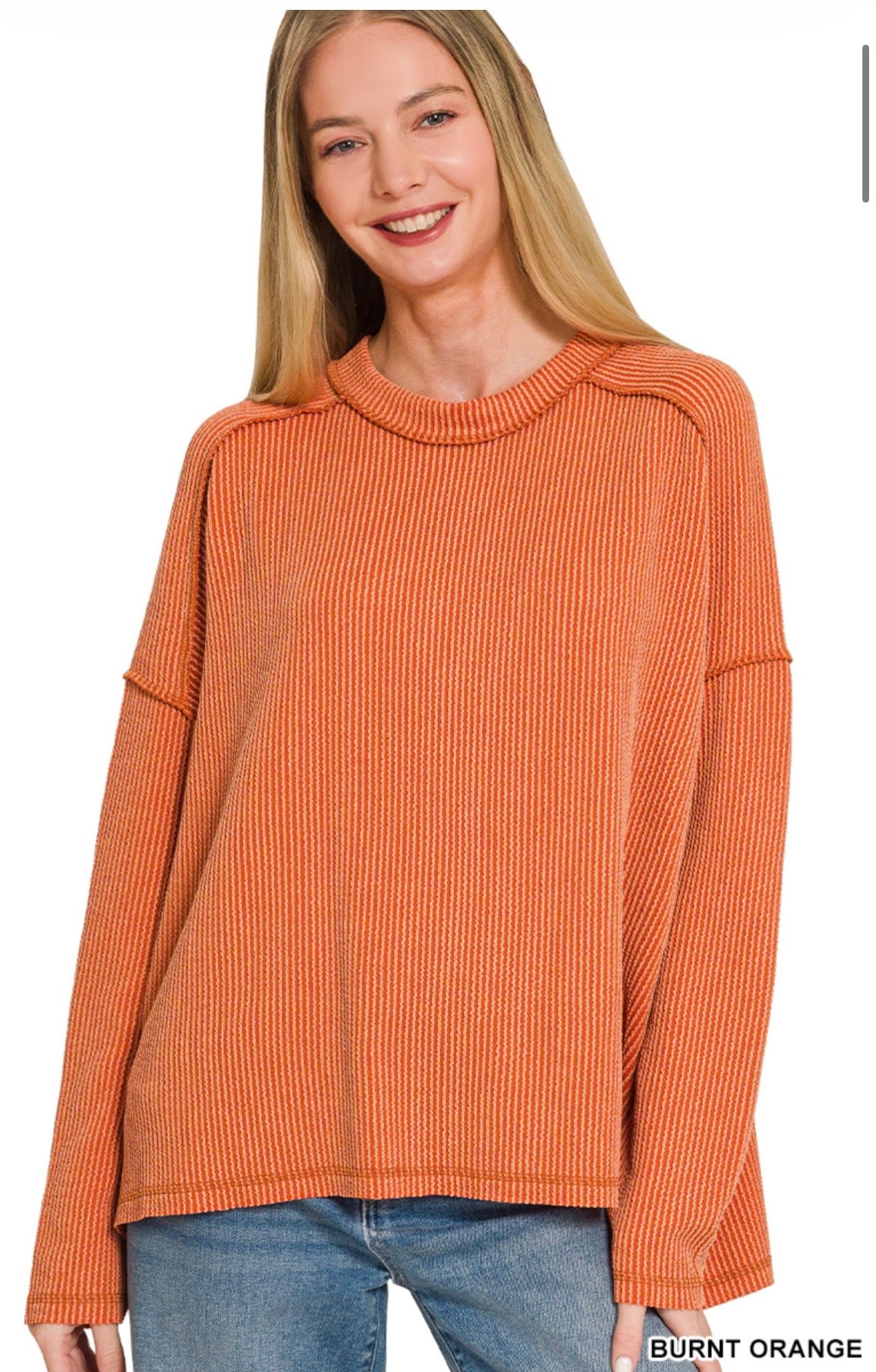 Raised Rib Raw Edge Boat Neck Long Sleeve Top