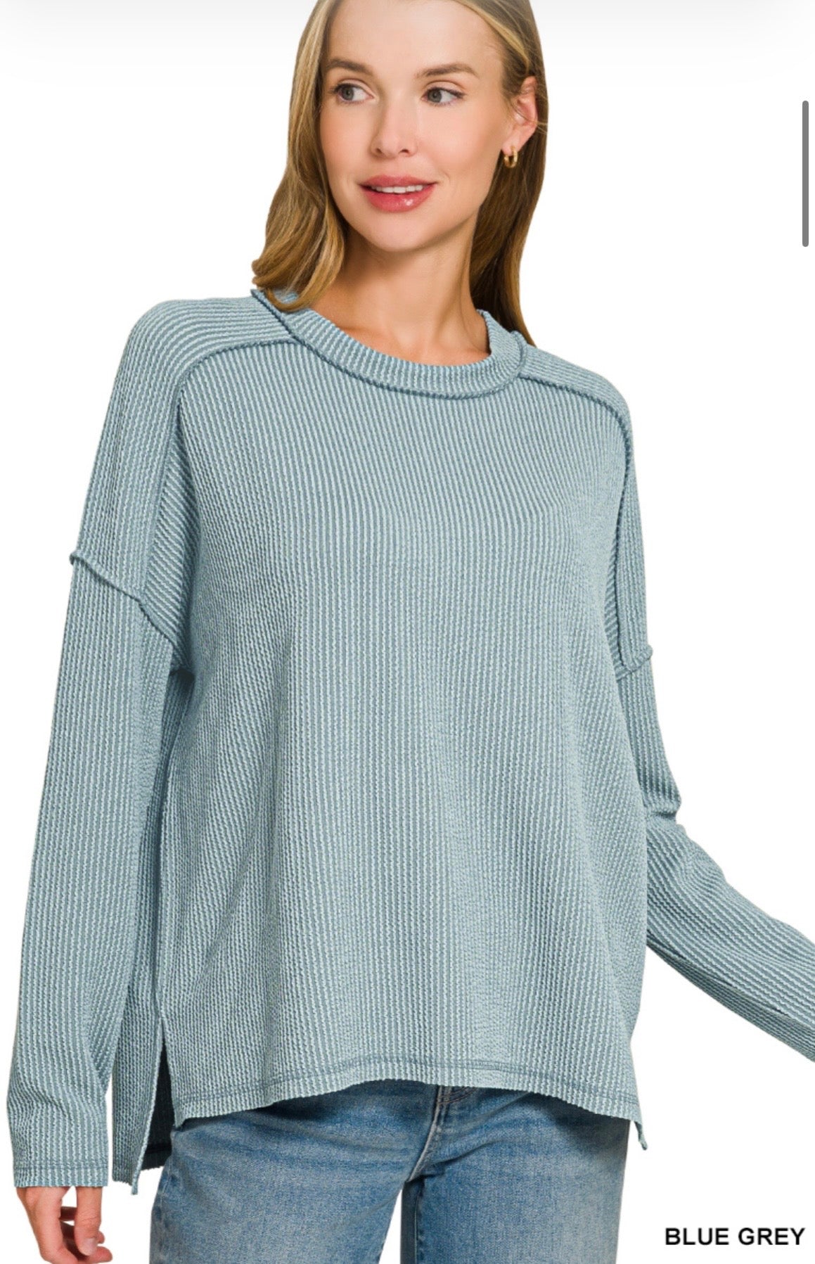 Raised Rib Raw Edge Boat Neck Long Sleeve Top